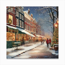 Amsterdam cafes, winter season, Christmas, pale colors, pedestrians in the street, winter clothes, falling snow.18 Canvas Print