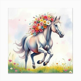 A Mystical Horse With A Mane Of Colorful Flowers Galloping In A Dreamy Watercolor Field Canvas Print