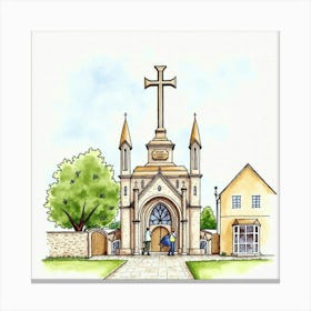 Watercolor Illustration Of The Chichester Cross, Featuring Its Historic Design And Bustling Surroundings Canvas Print