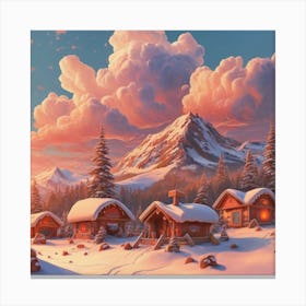 Mountain village snow wooden huts 5 Canvas Print