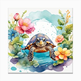 Watercolor Turtle With Flowers Canvas Print