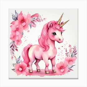 Pink Unicorn With Flowers Canvas Print