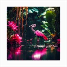 Reflections of the Exotic Flowers and Pink Legged Wading Bird of the Jungle Canvas Print