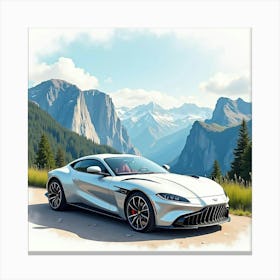 Luxury Coupe Against A Stunning Mountain View, Watercolor Painting 1 Canvas Print