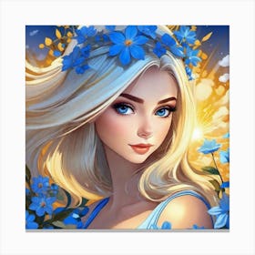 Beautiful Girl With Blue Flowers, yellow glow, blonde Canvas Print