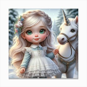 Cute Little Girl With A Unicorn Canvas Print