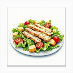 A Vibrant Watercolor Painting Of A Classic Caesar Salad With Grilled Chicken And Croutons Canvas Print