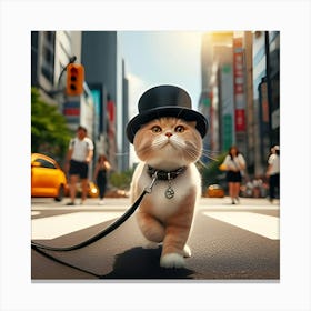 A Cat Walking On A Leash Down A Busy Street While Wearing A Top Hat And Looking Very Pleased With Itself 3 Canvas Print