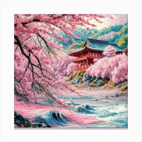A stunningly vibrant watercolor illustration of a serene Japanese landscape featuring cherry blossoms. The foreground shows a river with gentle waves reflecting the pink hues of the blossoms. Canvas Print