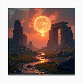 Ancient Ruins Glowing With Magical Energy At Sunset 1 Canvas Print