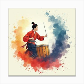 Traditional Japanese Drum Performance, Vibrant And Rhythmic Watercolor Strokes 1 Canvas Print