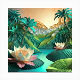 Firefly Beautiful Modern Abstract Lush Tropical Jungle And Island Landscape And Lotus Flowers With A (11) Canvas Print