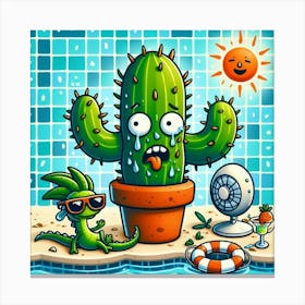 Cartoon Cactus In The Pool Leinwandbild