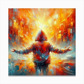 Man In A City A stunning expressionist painting with a vibrant color palette dominated by orange, reds, and yellows. The thick, loose brushstrokes create a sense of movement and energy, with visible paint drips and spatters adding to the overall texture. The focal point is a young girl wearing a hoodie, her arms outstretched as if embracing the world. The background is a dreamlike, impressionistic landscape with distorted perspectives, showcasing a dynamic interplay of colors and shapes. The overall atmosphere is vivid, dynamic, and full of life. Canvas Print