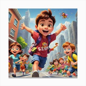 Children Running In The City Canvas Print