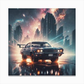 Retro painting of car in big city with neon lights  Canvas Print