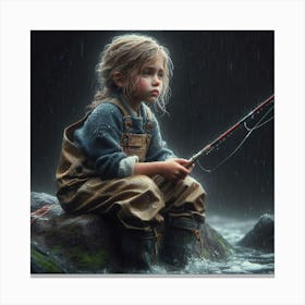 Little Girl Fishing In The Rain 1 Canvas Print