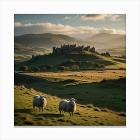 A Serene Highland Landscape With Rolling Hills, Grazing Sheep, And A Distant Castle 2 Canvas Print