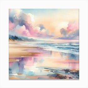 Tranquil Escape: A Watercolor Wash of Pastel Sky over Beach Canvas Print