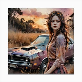 Girl With A Car Canvas Print