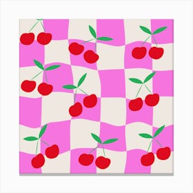 Red Cherries on Pink Warped Checkerboards Canvas Print