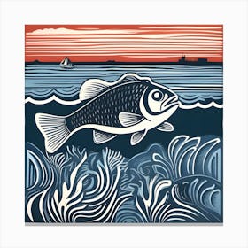 Linocut Bass Fish Canvas Print
