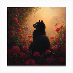 Black Cat in a Floral Sunset Garden Art Canvas Print