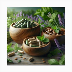 Herbal Supplements In Wooden Bowls Canvas Print