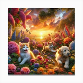Kitten And Puppies Playing Canvas Print