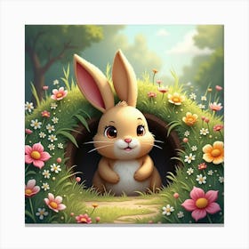 A Rabbit Burrowing Into A Cozy, Flower Filled Garden Canvas Print