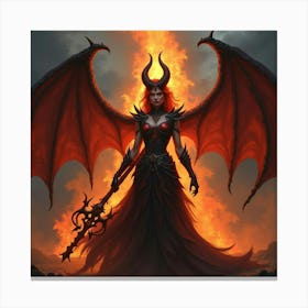 Demon Queen Ruling A Realm Of Shadows, Vibrant Flames 1 Canvas Print