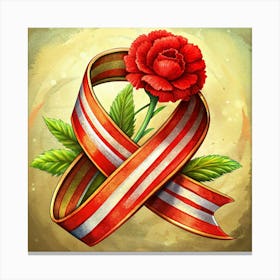 Red Carnation With Striped Ribbon Watercolor Illustration Canvas Print