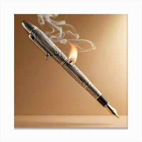 A Vintage Inspired, Ornate Pen With An Intricately Carved Antique Silver Body And A Delicate Clip, Transformed Into A Functional Lighter, Suspended In Mid Air Against A Warm, Beige Background Canvas Print