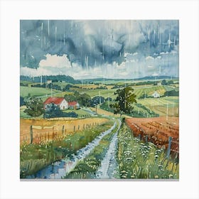 Rainy Countryside Watercolor Painting | Country Rain Landscape Illustration | Peaceful Living Nostalgia Idyllic | Feel the Rain Canvas Print