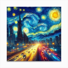 Neon Sonata of the Cityscape, Inspired by Vincent van Gogh's swirling Starry Night and emotive brushstrokes Canvas Print