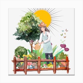 Woman Watering Garden Canvas Print
