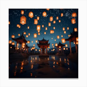 Lanterns In The Sky. Moonlit Mosaic: The Dance of Lanterns, and the Moonlight Canvas Print