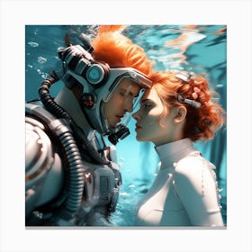 3d Dslr Photography Couples Inside Under The Sea Water Swimming Holding Each Other, Cyberpunk Art, By Krenz Cushart, Both Are Wearing A Futuristic Swimming With Helmet Suit Of Power Armor 1 Canvas Print