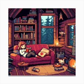 Pixel Art Cozy Cabin Reading room Canvas Print