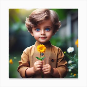 Little Boy Holding A Flower Canvas Print