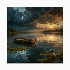 Photo Of Ultra Realistic Art On A Cracked Paper, Mosaic, Double Exposure, Boat Gently Bobbing On Calm Water Marks The End Of Summer Canvas Print