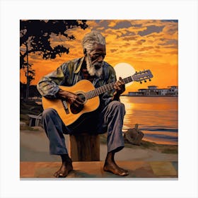 Old Man Playing Guitar At Sunset Canvas Print
