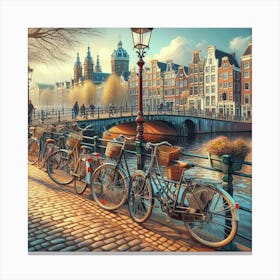 Bicycles Lined Up Along An Amsterdam Bridge In A Charming Digital Illustration, Style Digital Painting 2 Canvas Print
