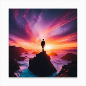 Man Standing On Rocks At Sunset Canvas Print