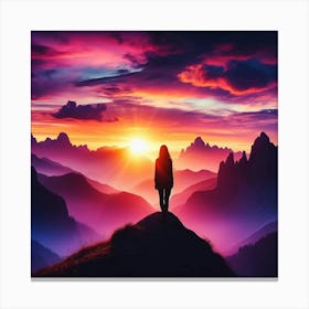 Woman Standing On Top Of Mountain Canvas Print