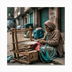 Old Woman Weaving Canvas Print