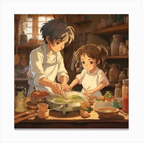 Boy And A Girl Cooking Family Kitchen Anime Illustration Canvas Print