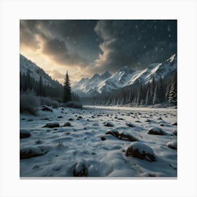 Illustration Of Winter Snowfall In A Mountainous Landscape 1 Canvas Print