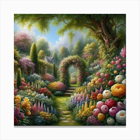 Realistic Oil Painting Of A Lush Garden Bursting With Colorful Flowers And Greenery, Style Realistic Oil Painting 1 Canvas Print