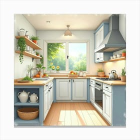 Bright And Airy Kitchen Watercolor, Cheerful Ambiance 1 Canvas Print